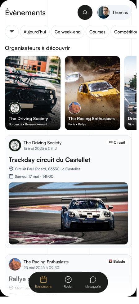Liste des événements automobiles dans l'application