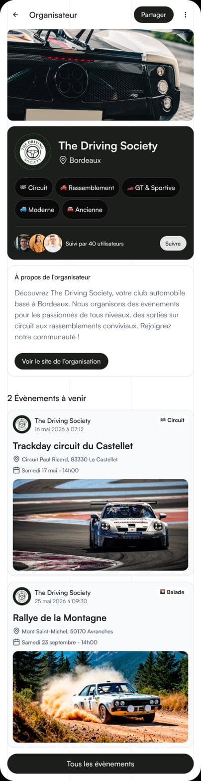 Fiche détaillée d'un organisateur dans l'application